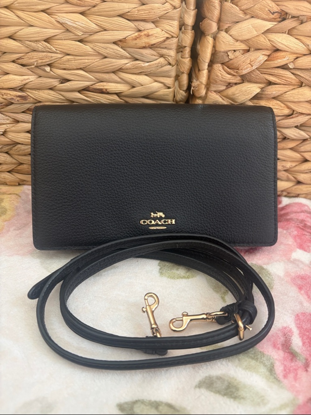 Coach Anna Foldover Clutch Black Pebbled Leather Gold Hardware